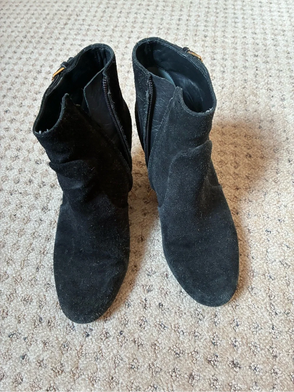 Tory Burch Black Suede Wedge Ankle Booties with Gold Logo